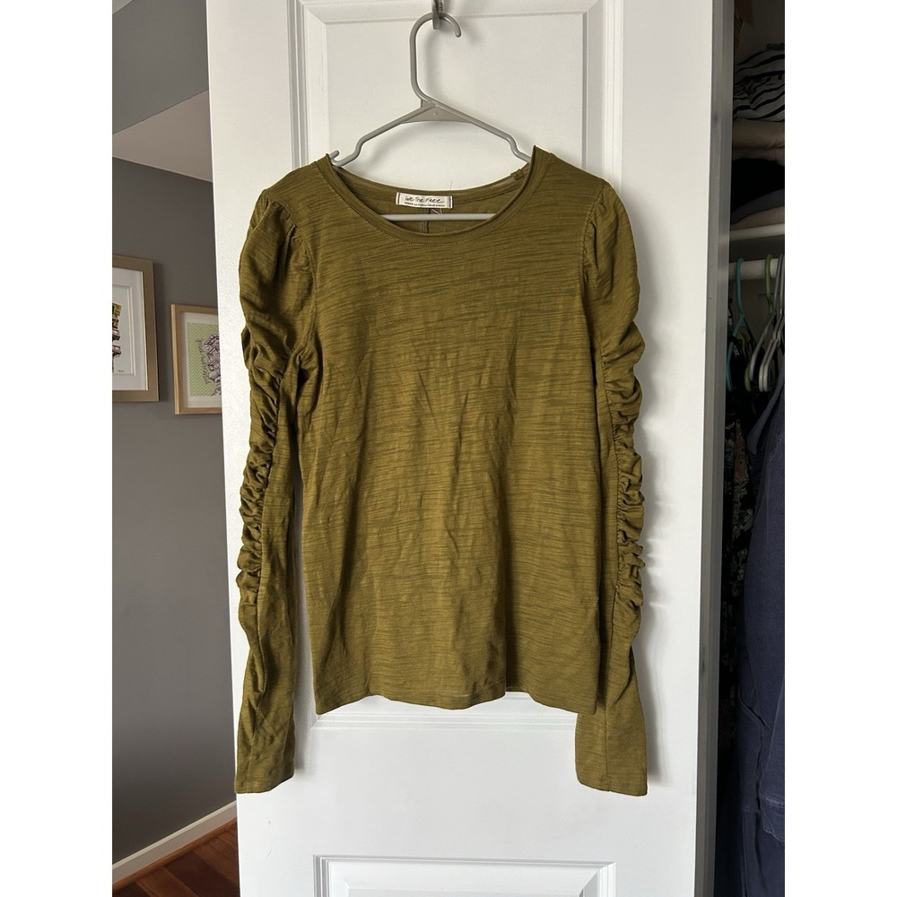 Free People We the Free Natasha Long Sleeve Top Ruched Sleeve Size Medium Olive